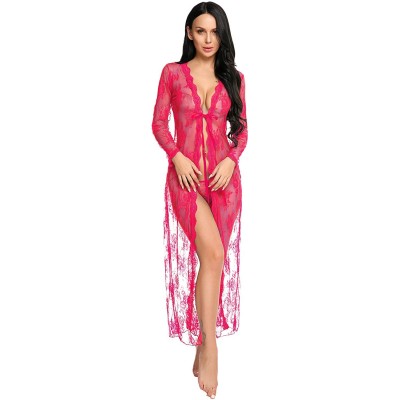 Baby Dolls & Chemises Lingerie for Women Sexy Long Lace Dress Sheer Gown See Through Kimono Robe - Rose Red - C018ATIA3S9