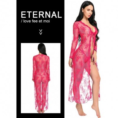 Baby Dolls & Chemises Lingerie for Women Sexy Long Lace Dress Sheer Gown See Through Kimono Robe - Rose Red - C018ATIA3S9