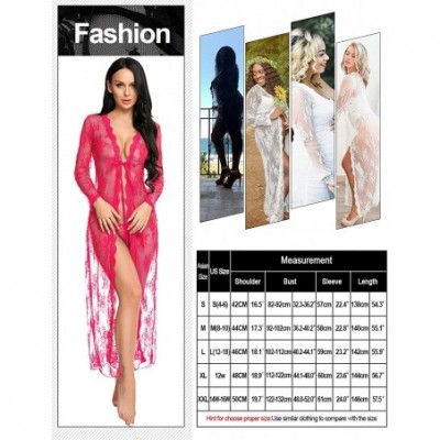 Baby Dolls & Chemises Lingerie for Women Sexy Long Lace Dress Sheer Gown See Through Kimono Robe - Rose Red - C018ATIA3S9