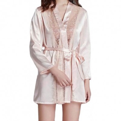 Robes Womens Thin Sexy Lace Pajama Dress Patchwork Kimono Lingerie Hollow Satin Homewear Sleep Bathrobe - Pink - CB19DINQAZ9