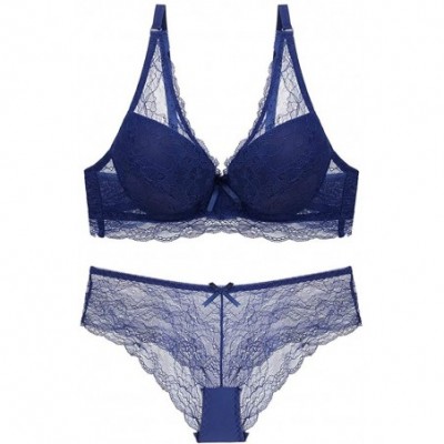 Bras Women's Sexy Lace Bra Female Underwire Lingerie Bras Underwear Set - Blue - CB18YEH0RNY