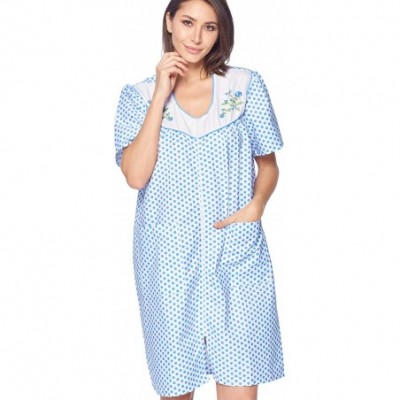 Robes Women's Zipper Front House Dress Short Sleeves Duster Lounger Housecoat Robe - Blue Dots - CN18RHSCN4S