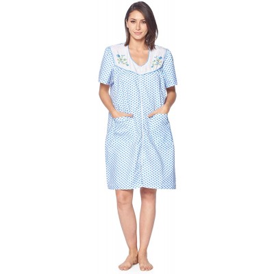 Robes Women's Zipper Front House Dress Short Sleeves Duster Lounger Housecoat Robe - Blue Dots - CN18RHSCN4S