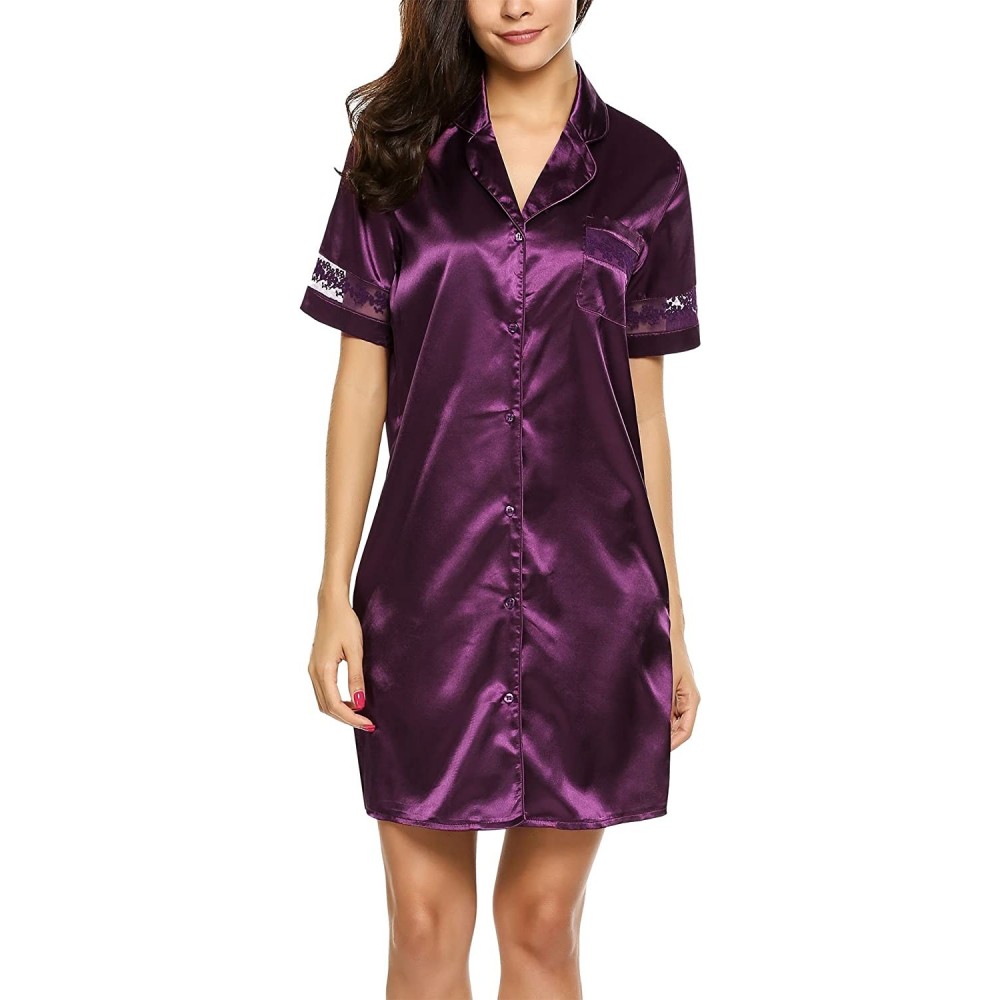 Nightgowns & Sleepshirts Women's Satin Sleepwear Nightgown Short Sleeve Button Down Sleep Nightdress - Purple - C4182YM7NL7