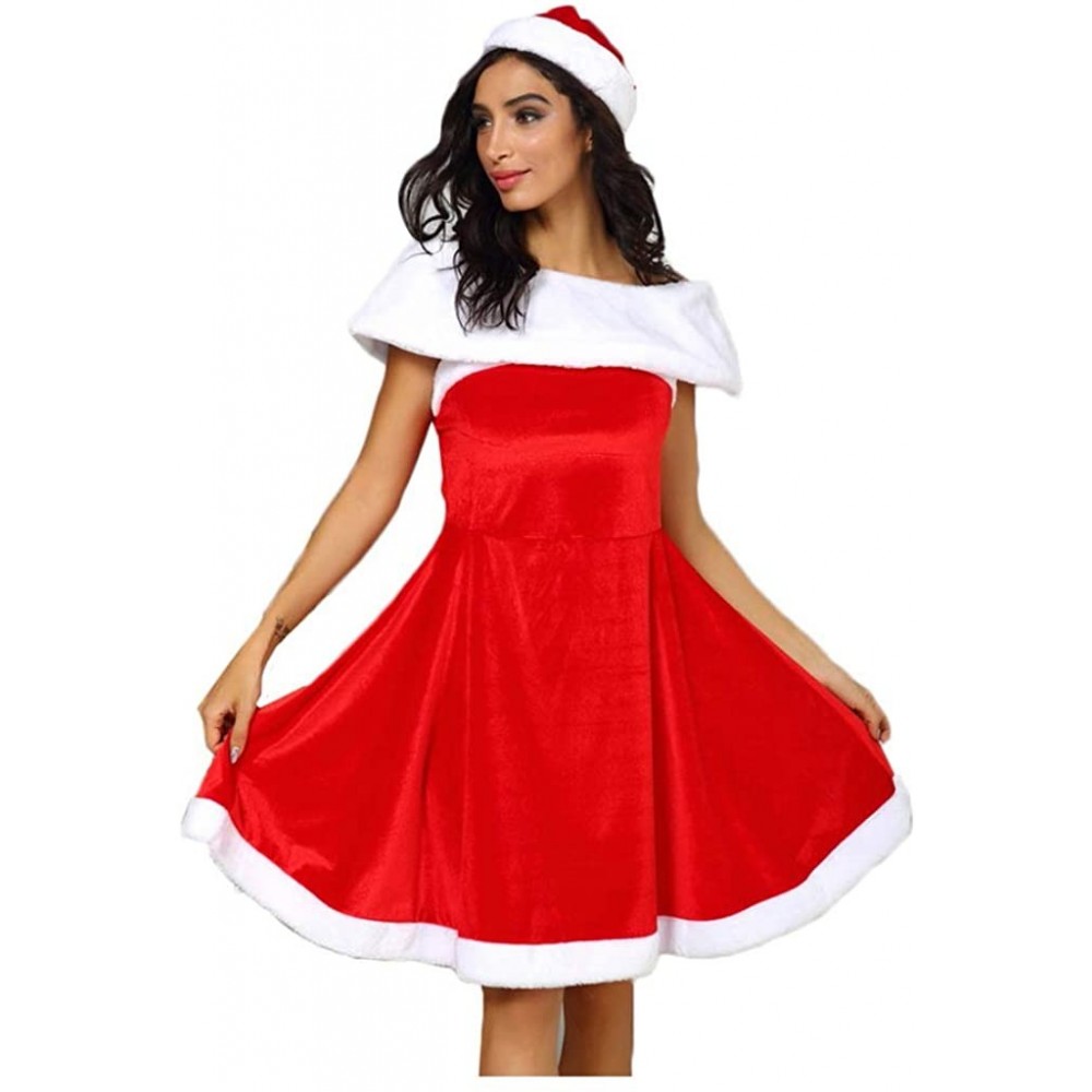 Thermal Underwear Fashion Women Sexy Christmas Cute Off-Shoulder Dress Ball Gown Red Cloak Hat Set Double Hem Dress - D-red -...