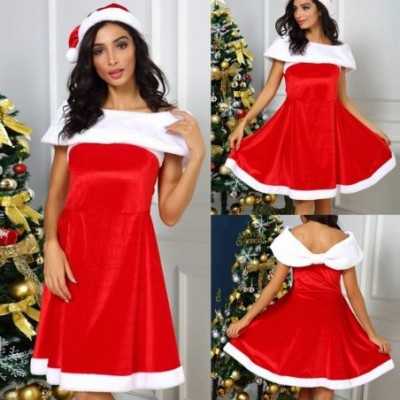 Thermal Underwear Fashion Women Sexy Christmas Cute Off-Shoulder Dress Ball Gown Red Cloak Hat Set Double Hem Dress - D-red -...