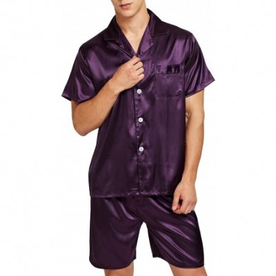 Sleep Sets Men's Satin Pajamas Short Button-Down Pj Set Sleepwear Loungewear - Purple - CP18THCY8Q9