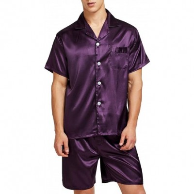 Sleep Sets Men's Satin Pajamas Short Button-Down Pj Set Sleepwear Loungewear - Purple - CP18THCY8Q9