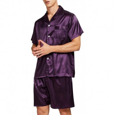 Sleep Sets Men's Satin Pajamas Short Button-Down Pj Set Sleepwear Loungewear - Purple - CP18THCY8Q9