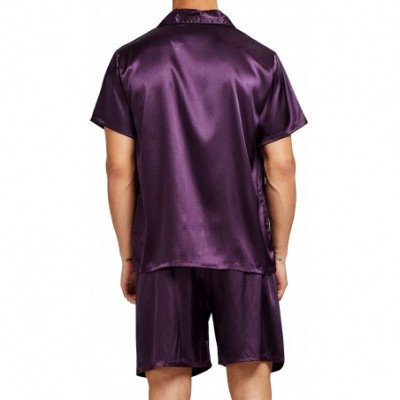 Sleep Sets Men's Satin Pajamas Short Button-Down Pj Set Sleepwear Loungewear - Purple - CP18THCY8Q9