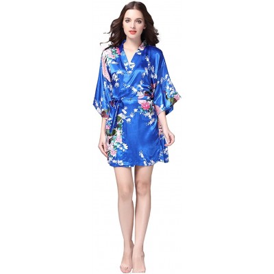 Robes Women's Kimono Short Robe Bathrobe Nightgown Peacock Blossoms- Many Colors - Blue - CD1809OAQGO