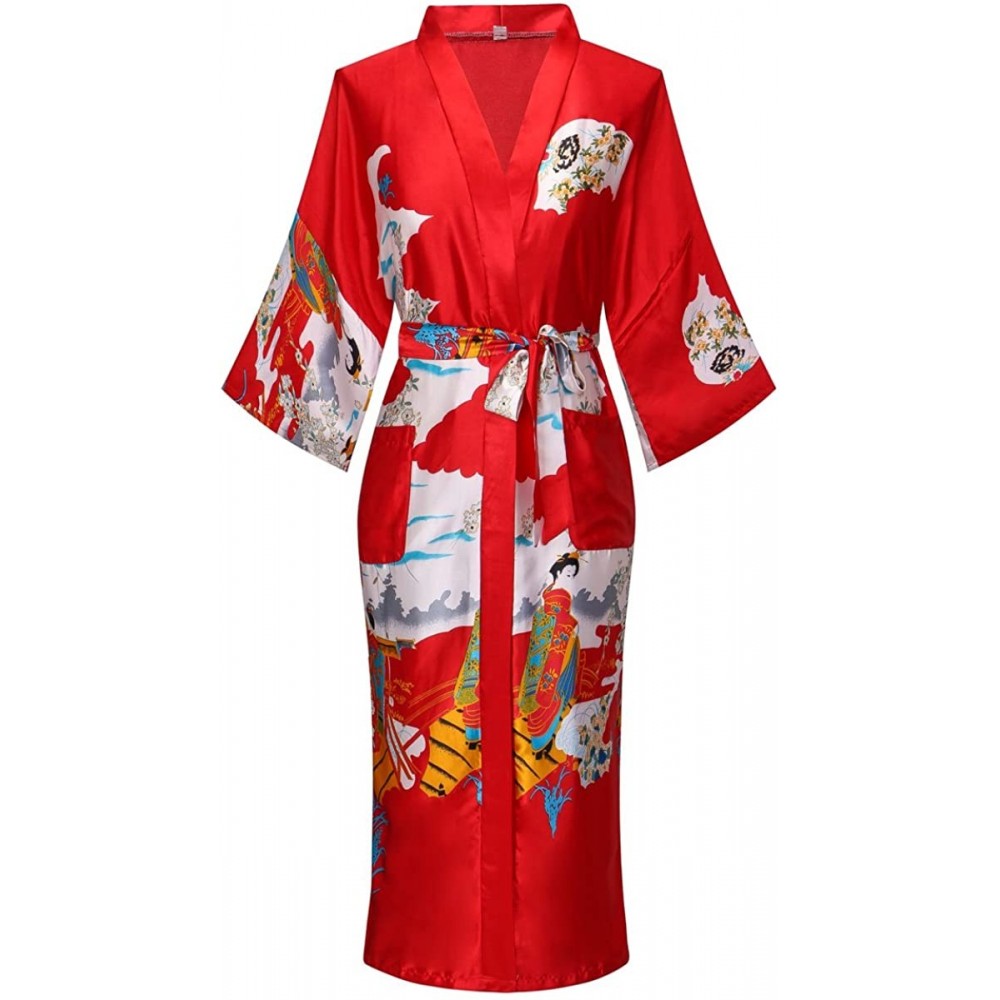 Robes Floral Pattern Kimono Robe Long Bathrobe For Women - Pagoda Red - CM18IIWYY5Q