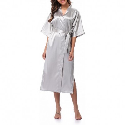 Robes Women's Long Kimono Robe Pure Color Satin Robe Lightweight Nightgown - Grey - C21898TTTU9