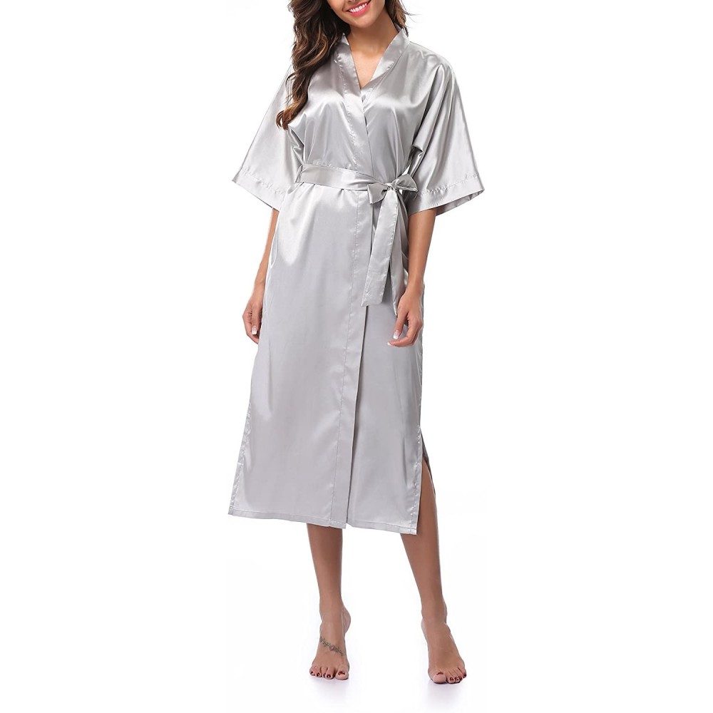 Robes Women's Long Kimono Robe Pure Color Satin Robe Lightweight Nightgown - Grey - C21898TTTU9