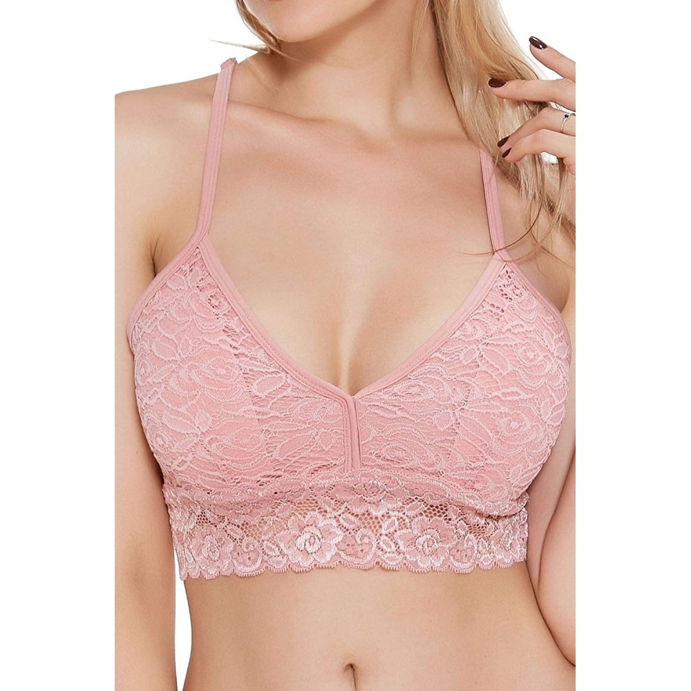 Bras Floral Lace Bralette for Women V Neck Racerback Bralette Bra Light Padded Exotic Plunge Line Plunge - Pink - C918YIHDHWW