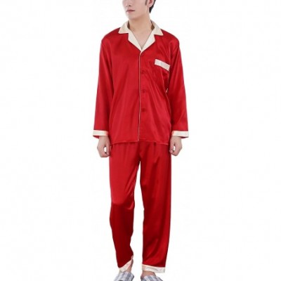 Sleep Sets Men's Women's Couple Silk Satin Pajama Sets 2 Pieces Sleepwear Set Loungewear Pajamas - Men/Long Sleeve red - CE18...