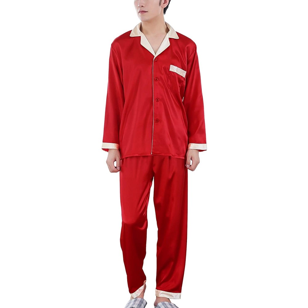 Sleep Sets Men's Women's Couple Silk Satin Pajama Sets 2 Pieces Sleepwear Set Loungewear Pajamas - Men/Long Sleeve red - CE18...