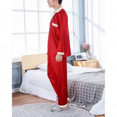 Sleep Sets Men's Women's Couple Silk Satin Pajama Sets 2 Pieces Sleepwear Set Loungewear Pajamas - Men/Long Sleeve red - CE18...