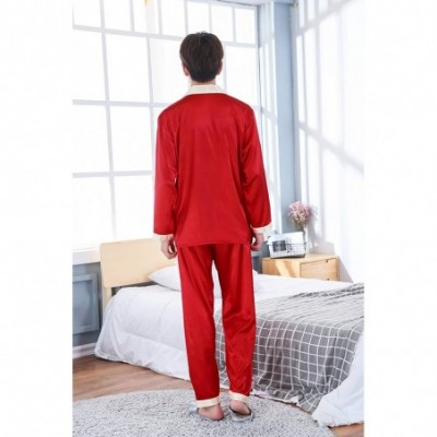 Sleep Sets Men's Women's Couple Silk Satin Pajama Sets 2 Pieces Sleepwear Set Loungewear Pajamas - Men/Long Sleeve red - CE18...