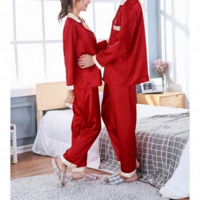 Sleep Sets Men's Women's Couple Silk Satin Pajama Sets 2 Pieces Sleepwear Set Loungewear Pajamas - Men/Long Sleeve red - CE18...