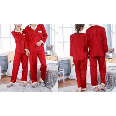 Sleep Sets Men's Women's Couple Silk Satin Pajama Sets 2 Pieces Sleepwear Set Loungewear Pajamas - Men/Long Sleeve red - CE18...