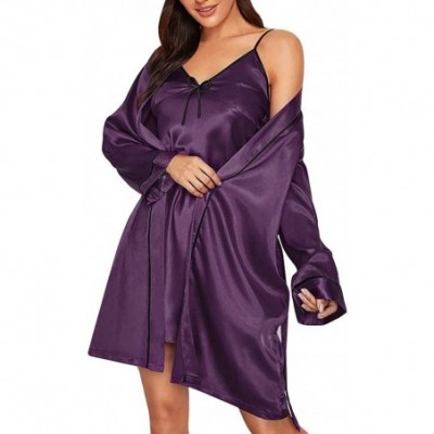 Robes Women Sleepwear Sets Sexy Sleeveless Solid Sleep Dress Long Sleeve Kimono Robe Satin Pajamas Bathrobe Dress 2 PC Set - ...