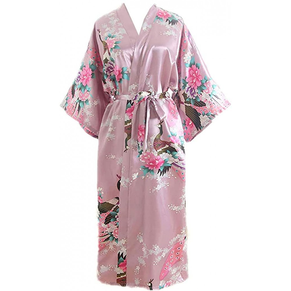 Nightgowns & Sleepshirts Satin Long Nightgown Robes Loose Japanese Style Kimono Yukata Sleep Wear - Sweet Pink - CQ18YDLXNN2