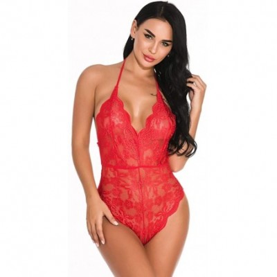 Baby Dolls & Chemises Womens Sexy Lace Lingerie Halter Backless Mini Bodysuit Mesh See-Through Underwear Deep V Teddy Babydol...