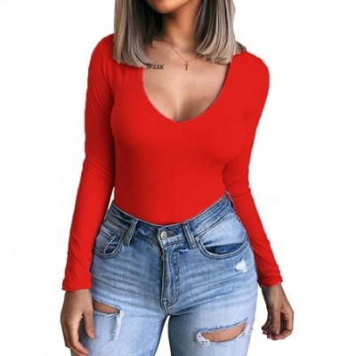 Shapewear Womens Long Sleeve Bodysuit Tops Scoop Neck T Shirt Jumpsuits - V Neck Bright Red - CD18XRY93X4