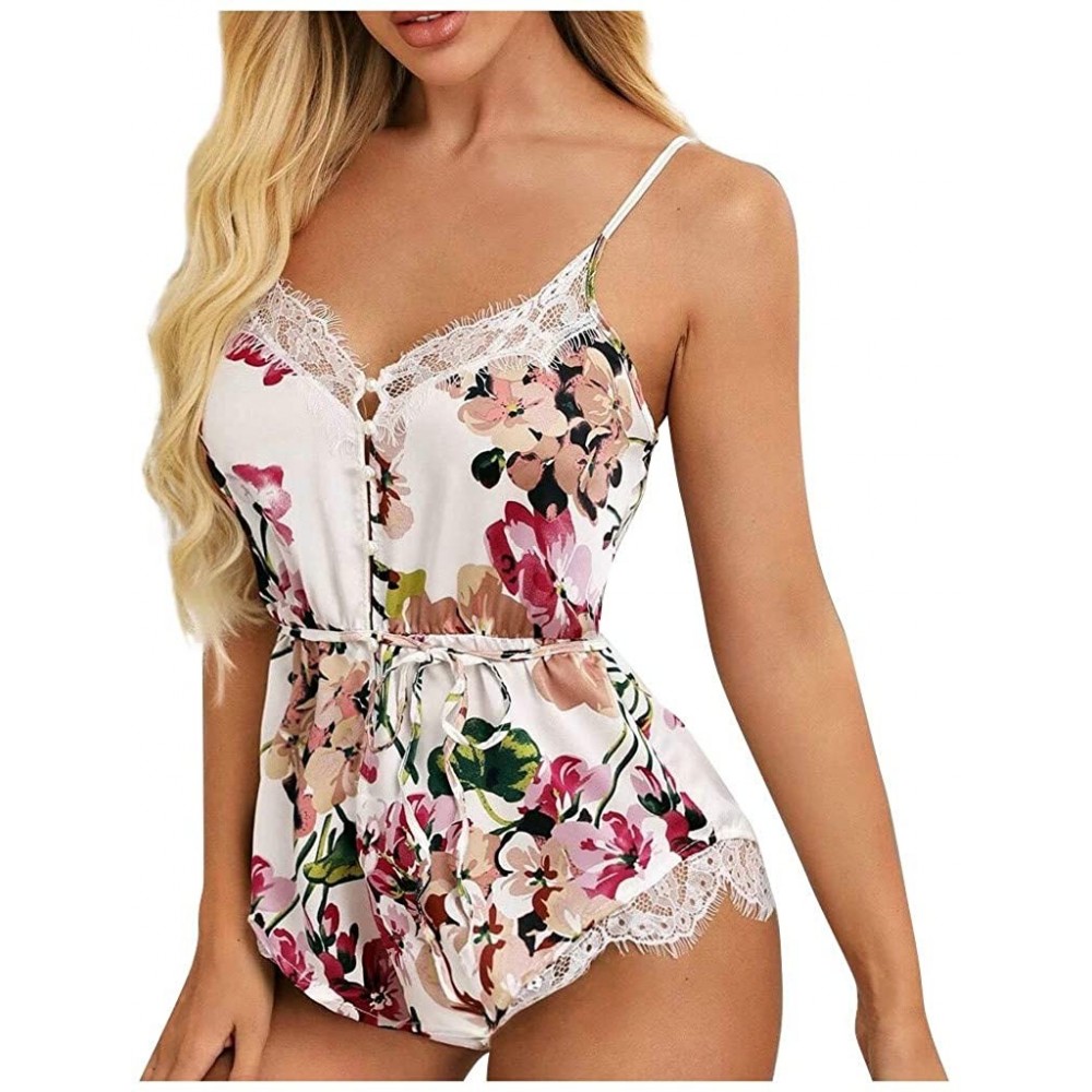 Sets Womens Sexy Lingerie Fashion Floral Satin Button Pajama Sets Spaghetti Strap Backless Sleepwear Jumpsuit Underwear - Whi...