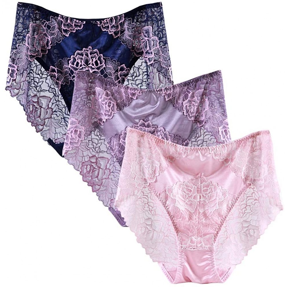 Panties Women 3 Pack Lace Briefs Panties Hi-Cut Underwear Plus Size Full Back Coverage M-XXL - Navy/Purple/Pink - C818T9UM5Z6