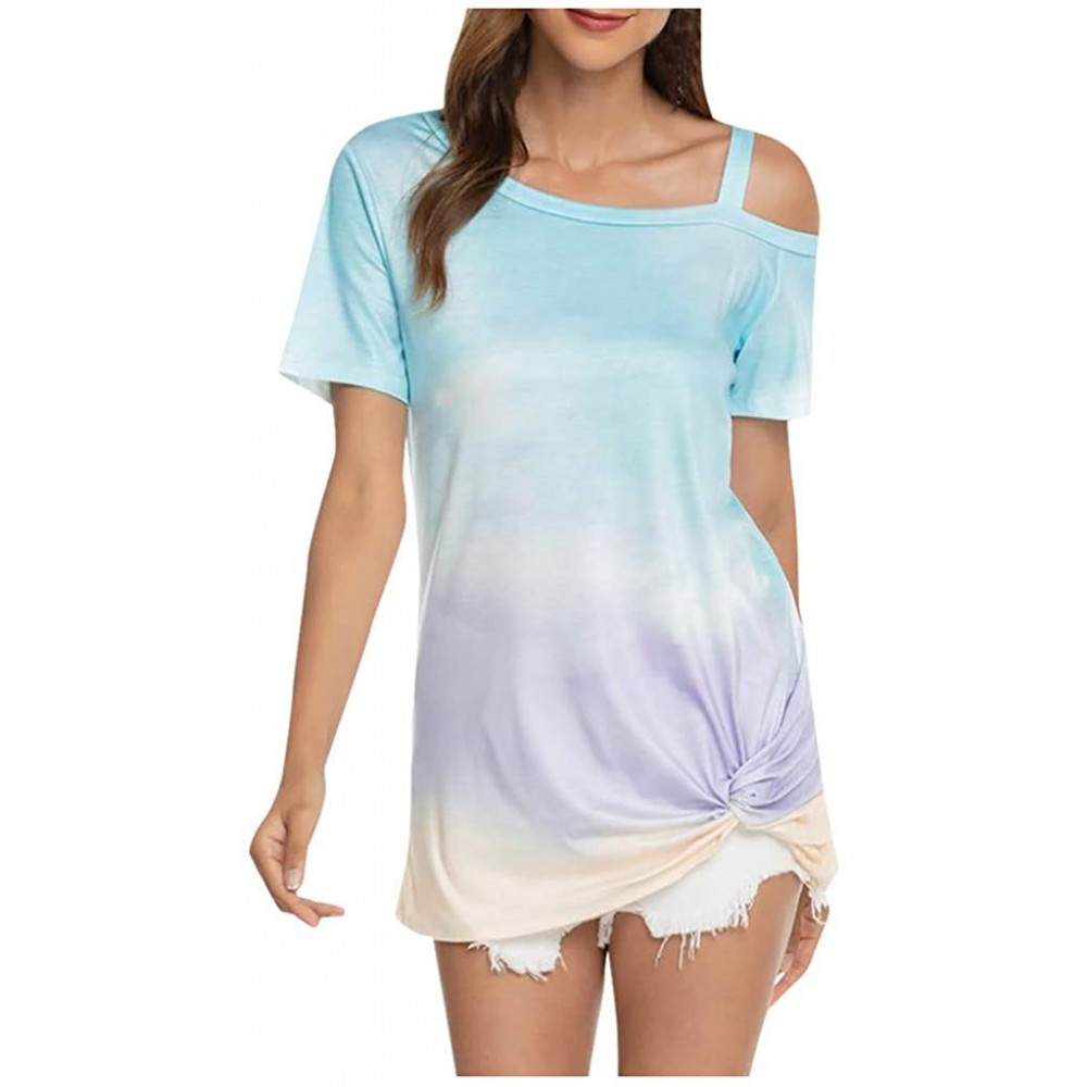 Tops Casual Printed Gradient-Print Short Shoulder Sleeve Hem T-Shirt Blouse Tank Dresses - Light Blue - C0190O5OKWC