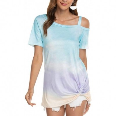 Tops Casual Printed Gradient-Print Short Shoulder Sleeve Hem T-Shirt Blouse Tank Dresses - Light Blue - C0190O5OKWC