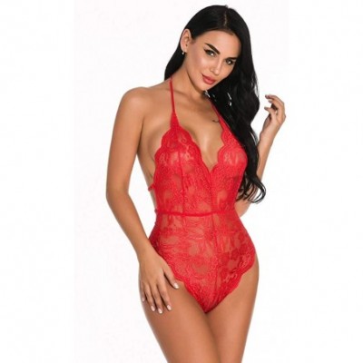 Garters & Garter Belts Sexy Women Lace Lingerie Sexy Halter Teddy Sleepwear Backless Underwear - Red - CB1948WO3ZK