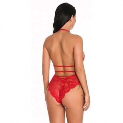 Garters & Garter Belts Sexy Women Lace Lingerie Sexy Halter Teddy Sleepwear Backless Underwear - Red - CB1948WO3ZK