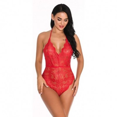 Garters & Garter Belts Sexy Women Lace Lingerie Sexy Halter Teddy Sleepwear Backless Underwear - Red - CB1948WO3ZK