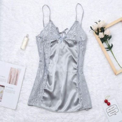 Nightgowns & Sleepshirts Solid Color Nightdress Lace Stitching Underwear Fashion Casual Pajamas Sexy Nightdress - Silver - CT...