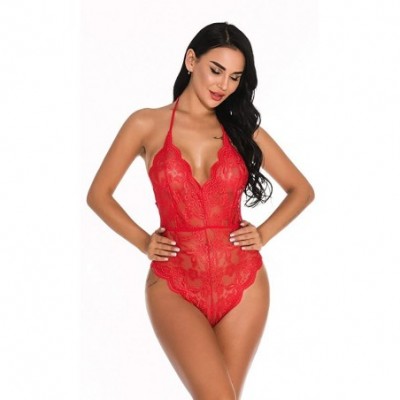 Garters & Garter Belts Sexy Women Lace Lingerie Sexy Halter Teddy Sleepwear Backless Underwear - Red - CB1948WO3ZK