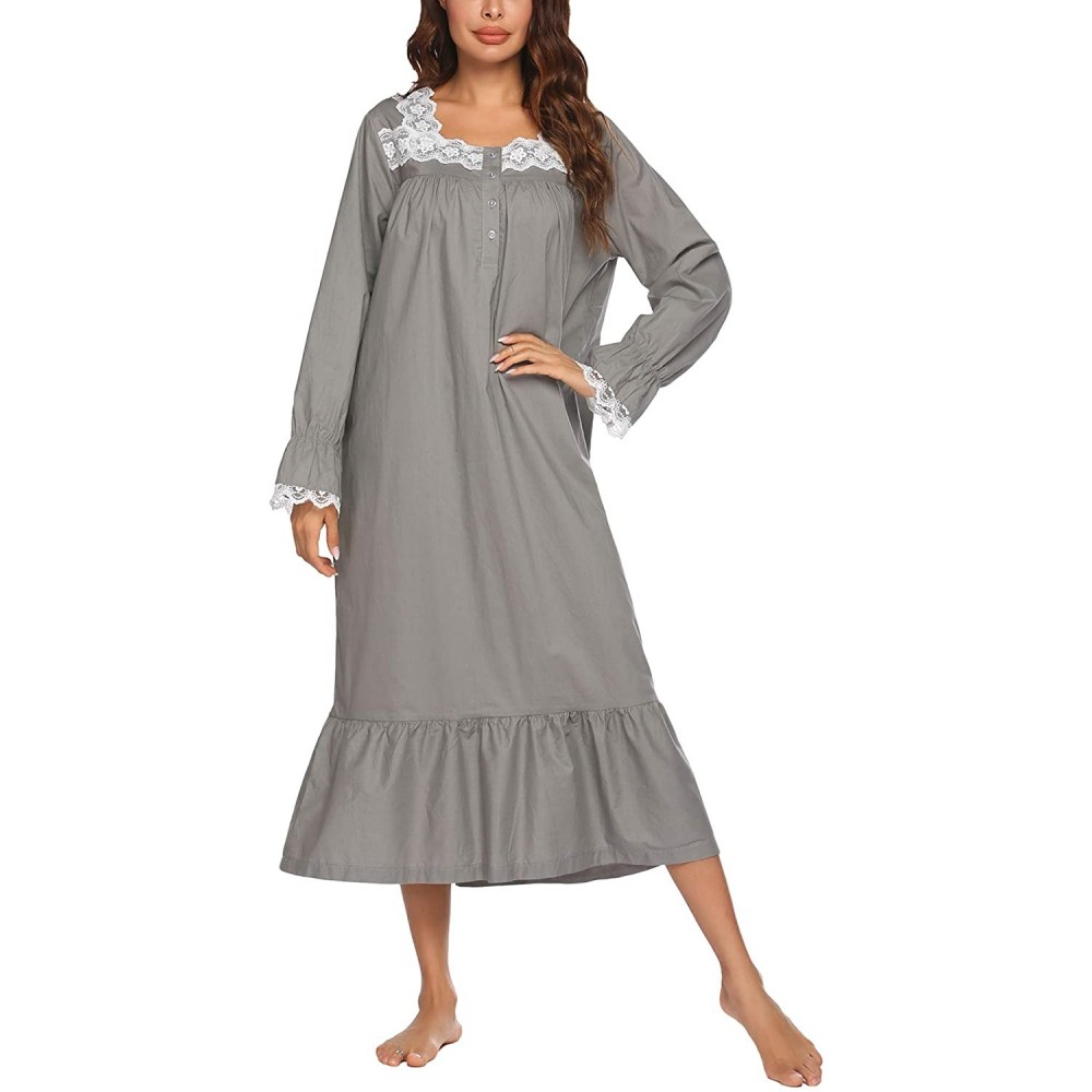 Sets Sleepwear Victorian Nightgown Cotton Sleepshirt Long Sleeve Pajama Dress Vintage Loungewear for Women - Grey - CJ199UIEXWG