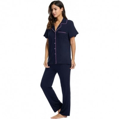 Sets Women's Short Sleeve Pajamas Cotton PJ Set Sleepwear with Long Pants - Champlain Color - CJ189SXADQR