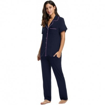 Sets Women's Short Sleeve Pajamas Cotton PJ Set Sleepwear with Long Pants - Champlain Color - CJ189SXADQR