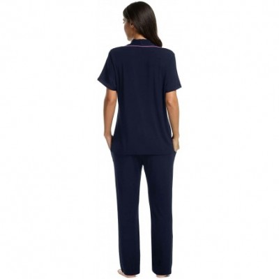 Sets Women's Short Sleeve Pajamas Cotton PJ Set Sleepwear with Long Pants - Champlain Color - CJ189SXADQR