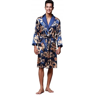 Robes Men's Long Gown Silk Dragon Print Pajamas Light Bathrobe Casual Wear - Blue - CR18HCQ8E2M