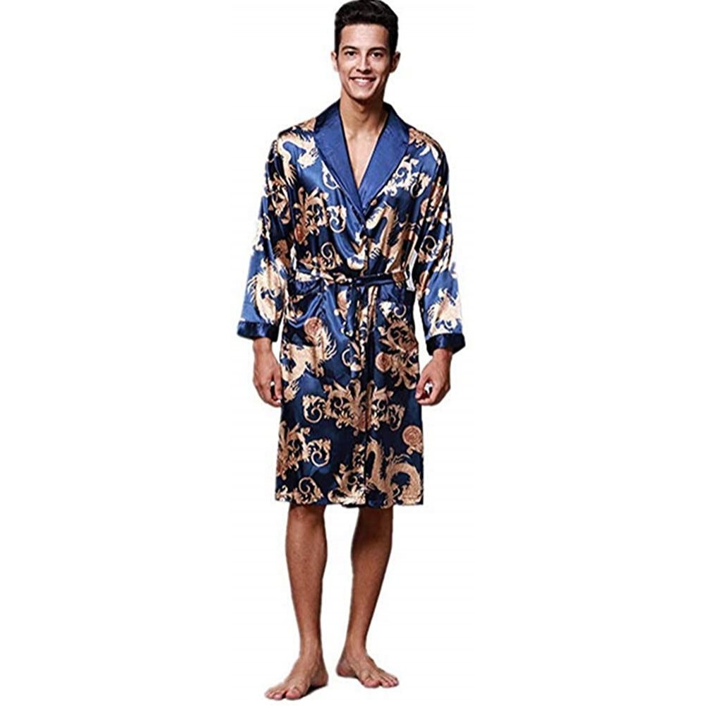 Robes Men's Long Gown Silk Dragon Print Pajamas Light Bathrobe Casual Wear - Blue - CR18HCQ8E2M