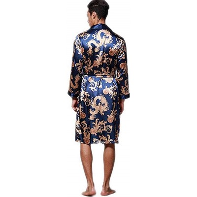 Robes Men's Long Gown Silk Dragon Print Pajamas Light Bathrobe Casual Wear - Blue - CR18HCQ8E2M