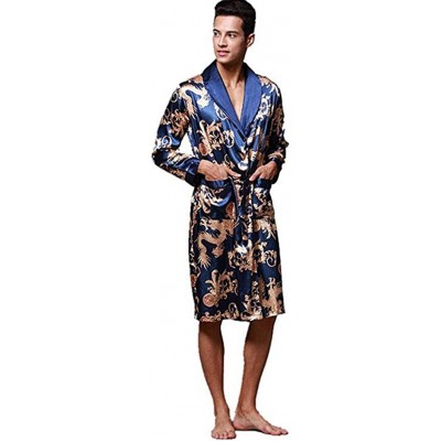 Robes Men's Long Gown Silk Dragon Print Pajamas Light Bathrobe Casual Wear - Blue - CR18HCQ8E2M