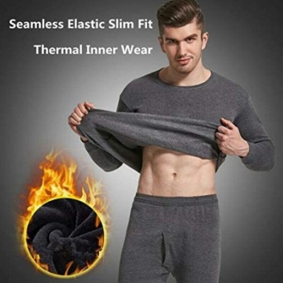 Sleep Sets Men Seamless Elastic Warm Velvet Inner Wear Thermals Underwear Pajama Set for Home - Dark Gray - CU18ASZRLC3