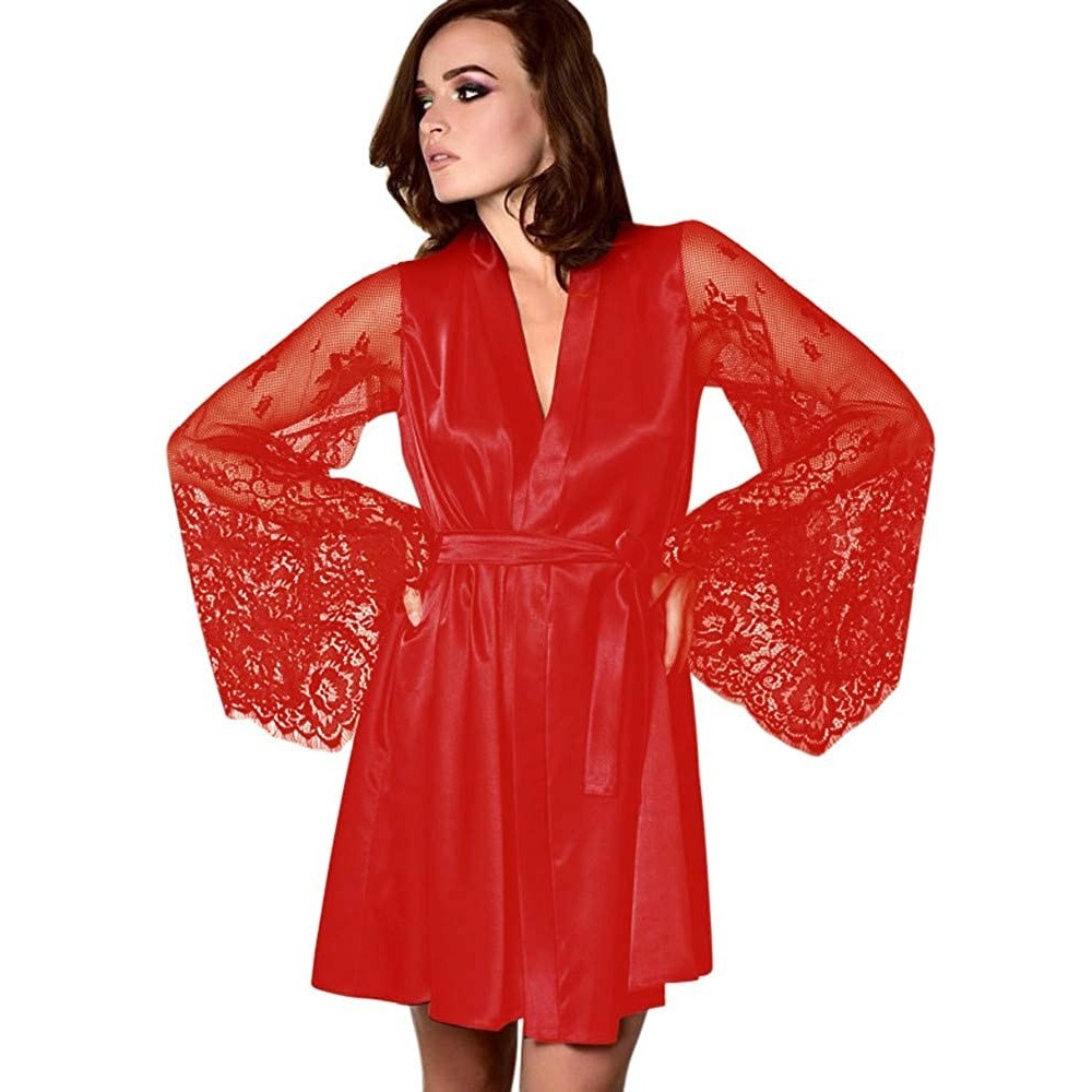 Robes Women Fashion Sexy Sleepwear Lingerie Long Sleeve Lace Temptation Belt Underwear Nightdress Bridesmaid Robe - Red - CA1...