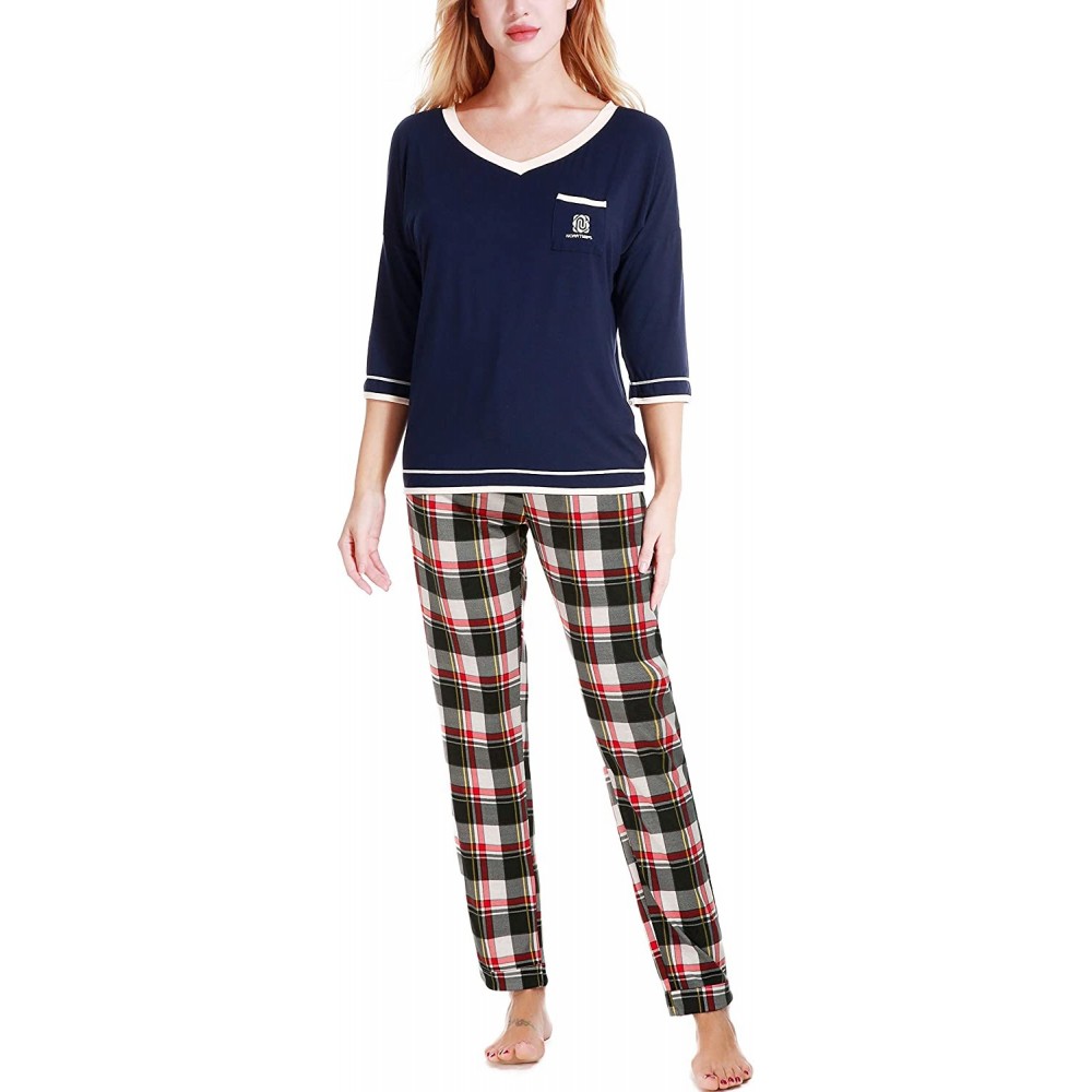 Sets Women's V-Neck Knit Sleepwear 3/4 Sleeves Top with Pants Soft Pajama Set - V-red Plaid - CS18M4HZYND