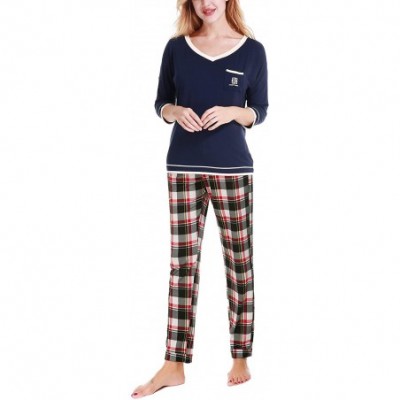 Sets Women's V-Neck Knit Sleepwear 3/4 Sleeves Top with Pants Soft Pajama Set - V-red Plaid - CS18M4HZYND